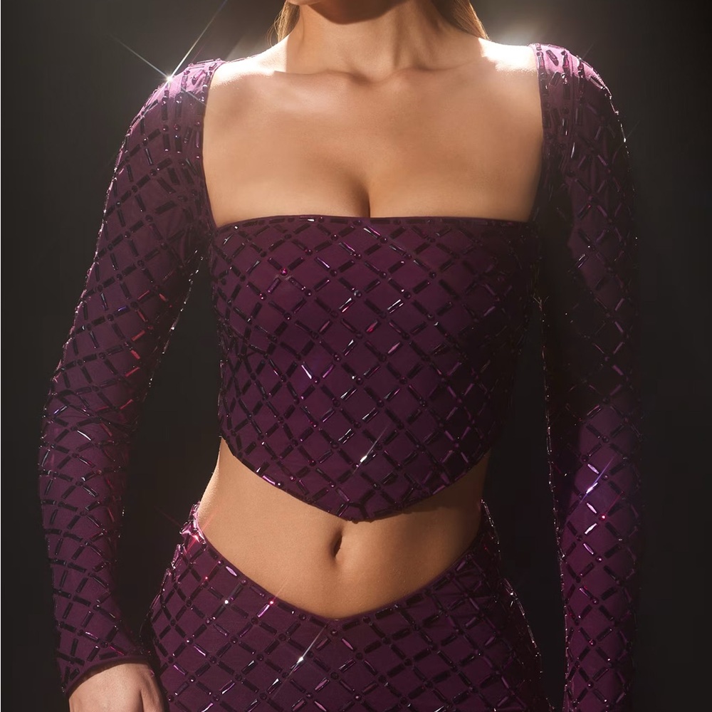 Oh Polly Thora Embellished Asymmetric Crop Top in Deep Purple